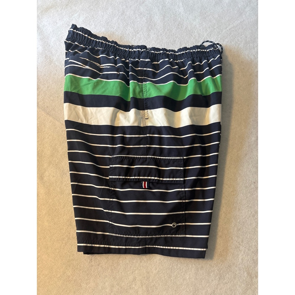 Tommy Hilfiger Mens Striped Swim Trunks Navy Blue Green Board Shorts Large